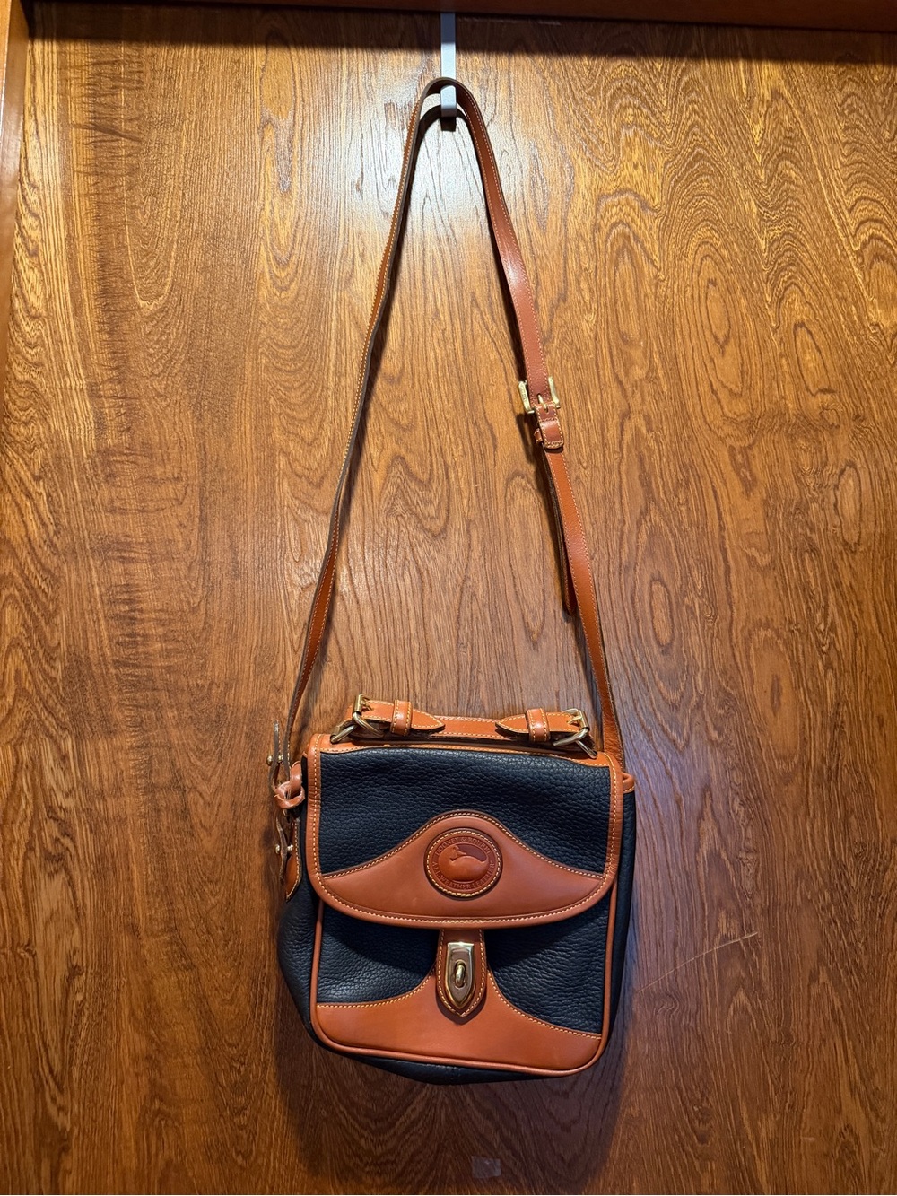 Leather Trim black pebbled Crossbody Bag - Brown strap & Accents